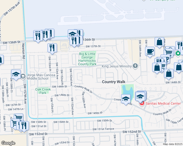 map of restaurants, bars, coffee shops, grocery stores, and more near 14156 Southwest 149th Avenue in Miami