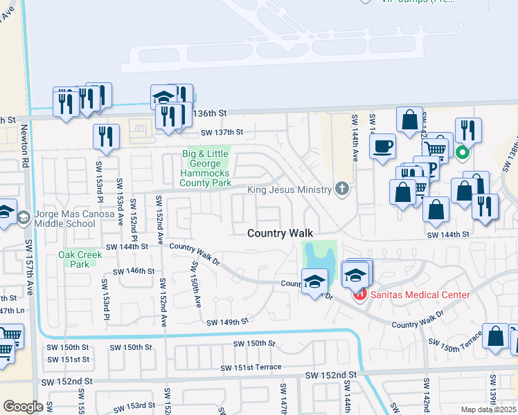 map of restaurants, bars, coffee shops, grocery stores, and more near 14790 142nd Street in Miami