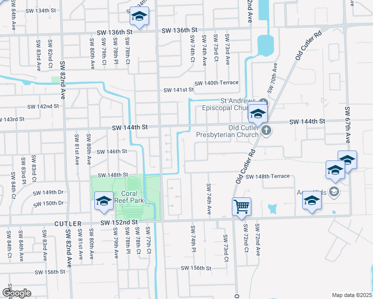map of restaurants, bars, coffee shops, grocery stores, and more near 14600 Southwest 74th Court in Palmetto Bay