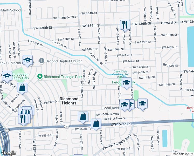 map of restaurants, bars, coffee shops, grocery stores, and more near 14512 Southwest 104th Place in Miami