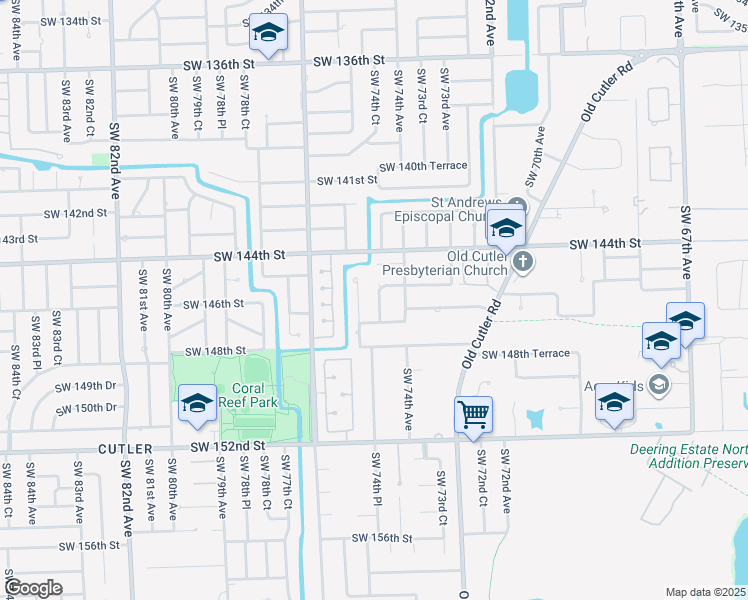 map of restaurants, bars, coffee shops, grocery stores, and more near 14600 Southwest 74th Court in Palmetto Bay