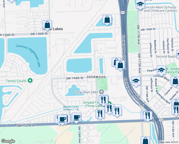 map of restaurants, bars, coffee shops, grocery stores, and more near 12241 Southwest 143rd Lane in Miami
