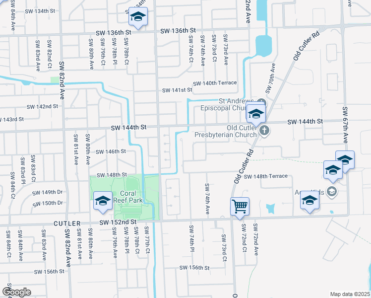 map of restaurants, bars, coffee shops, grocery stores, and more near 14600 Southwest 74th Court in Palmetto Bay