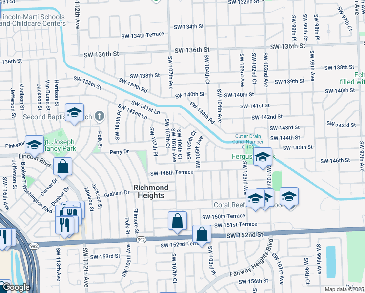 map of restaurants, bars, coffee shops, grocery stores, and more near 14514 Southwest 105th Court in Miami
