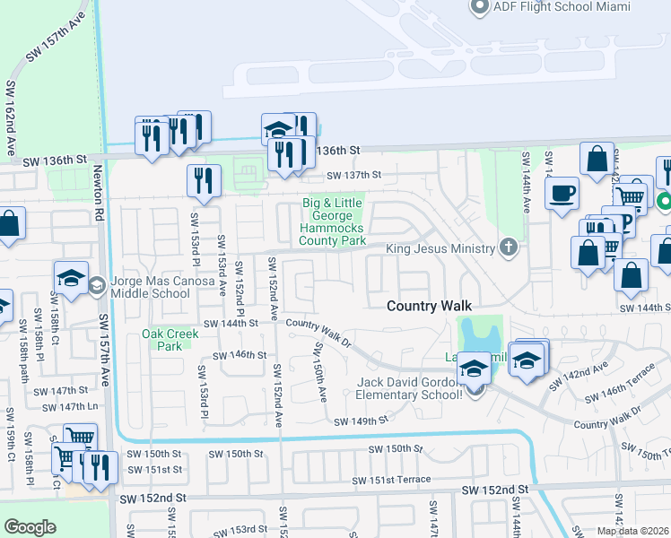 map of restaurants, bars, coffee shops, grocery stores, and more near 14159 Southwest 149th Court in Miami