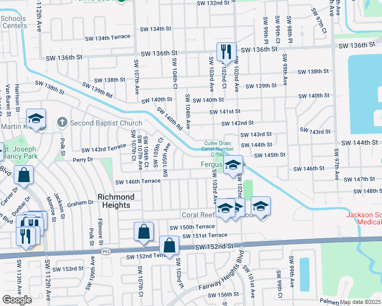 map of restaurants, bars, coffee shops, grocery stores, and more near 10381 Southwest 145th Street in Miami