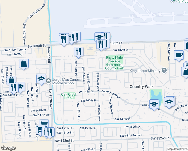 map of restaurants, bars, coffee shops, grocery stores, and more near 14133 Southwest 152nd Court in Miami