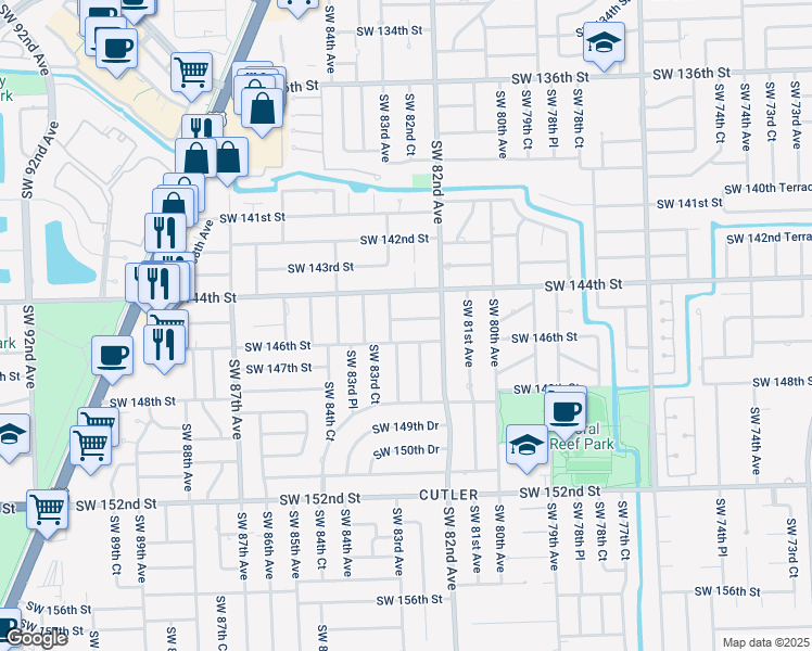 map of restaurants, bars, coffee shops, grocery stores, and more near 8241 Southwest 146th Street in Palmetto Bay