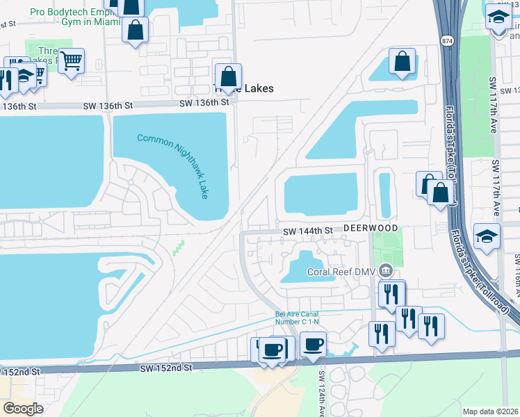map of restaurants, bars, coffee shops, grocery stores, and more near 14290 Southwest 125th Court in Miami