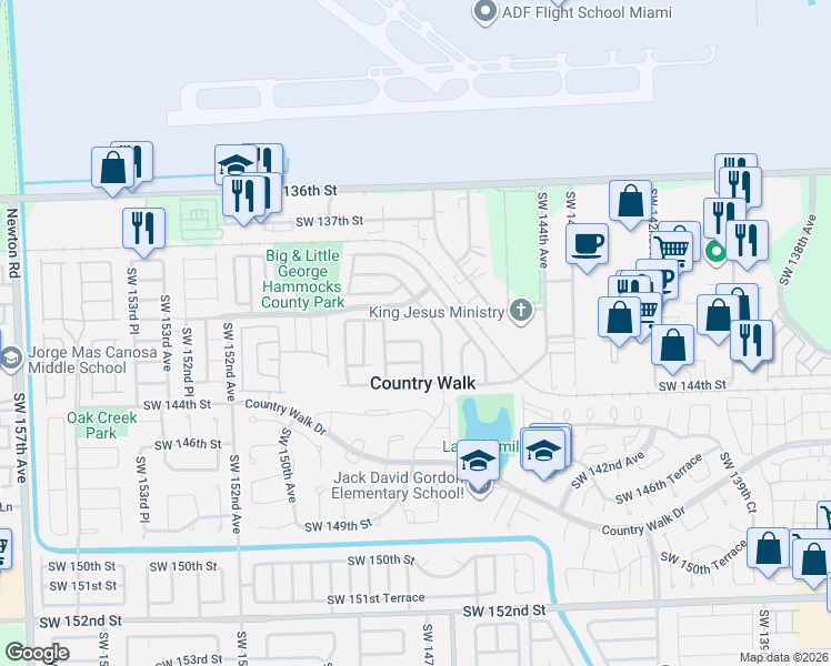 map of restaurants, bars, coffee shops, grocery stores, and more near 14221 Southwest 147th Place in Miami