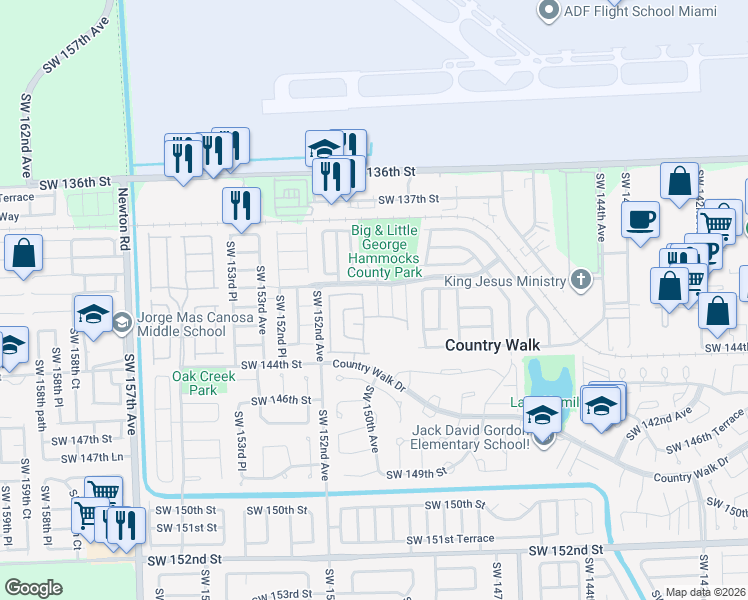 map of restaurants, bars, coffee shops, grocery stores, and more near 14164 Southwest 150th Avenue in Miami