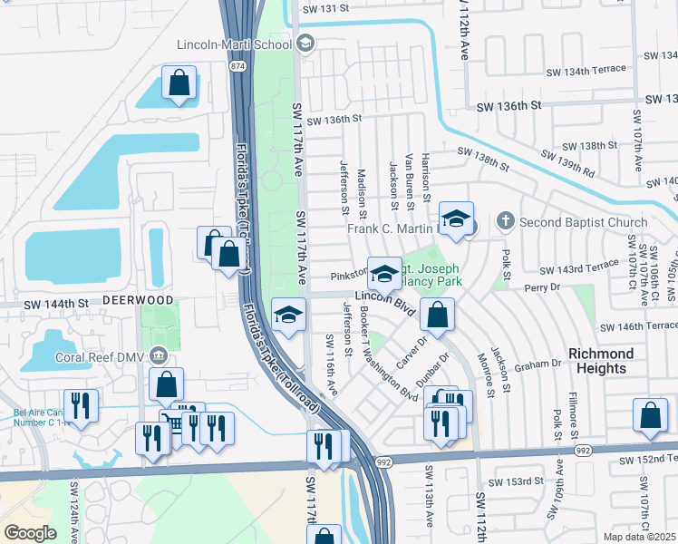 map of restaurants, bars, coffee shops, grocery stores, and more near 11490 Pinkston Drive in Miami