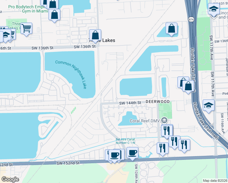 map of restaurants, bars, coffee shops, grocery stores, and more near 14217 Southwest 125th Court in Miami