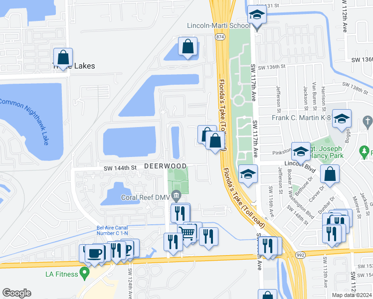 map of restaurants, bars, coffee shops, grocery stores, and more near 11991 Southwest 144th Street in Miami