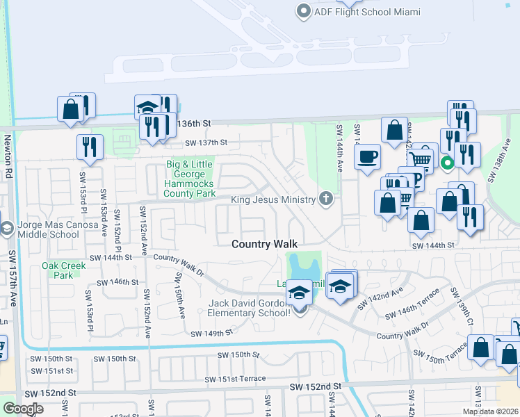 map of restaurants, bars, coffee shops, grocery stores, and more near 14221 Southwest 147th Place in Miami