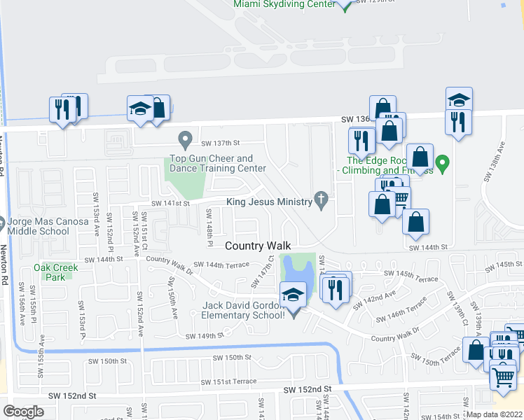 map of restaurants, bars, coffee shops, grocery stores, and more near 14160 Southwest 147th Court in Miami