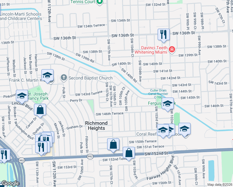 map of restaurants, bars, coffee shops, grocery stores, and more near 14514 Southwest 105th Court in Miami
