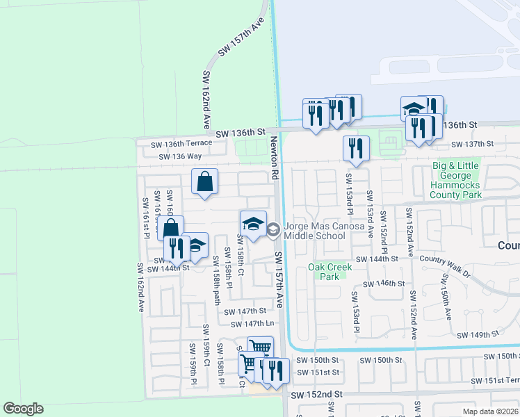 map of restaurants, bars, coffee shops, grocery stores, and more near 15724 Southwest 141st Street in Miami