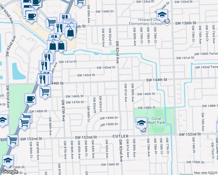 map of restaurants, bars, coffee shops, grocery stores, and more near 8230 Southwest 144th Street in Palmetto Bay