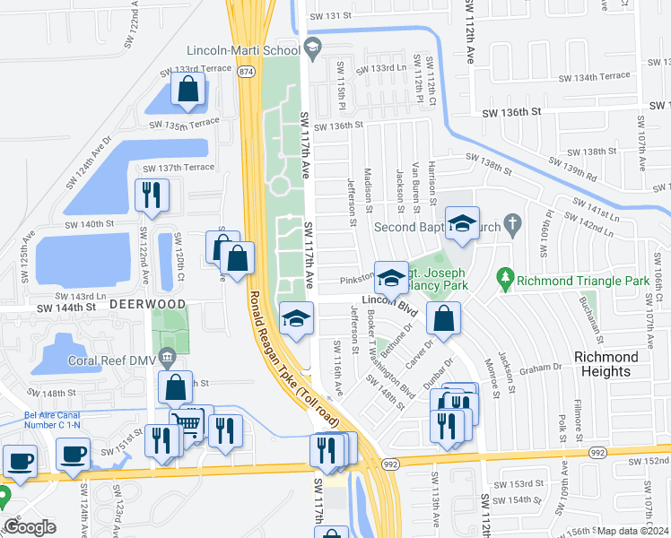 map of restaurants, bars, coffee shops, grocery stores, and more near 11600 Southwest 142nd Terrace in Miami