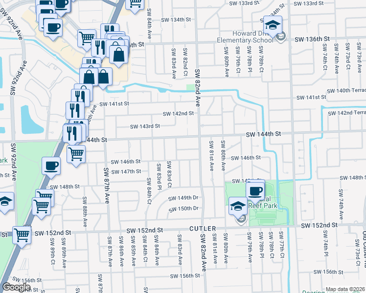 map of restaurants, bars, coffee shops, grocery stores, and more near 8230 Southwest 144th Street in Palmetto Bay