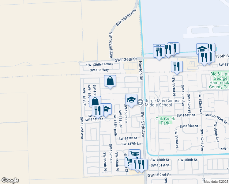 map of restaurants, bars, coffee shops, grocery stores, and more near 15877 Southwest 140th Street in Miami