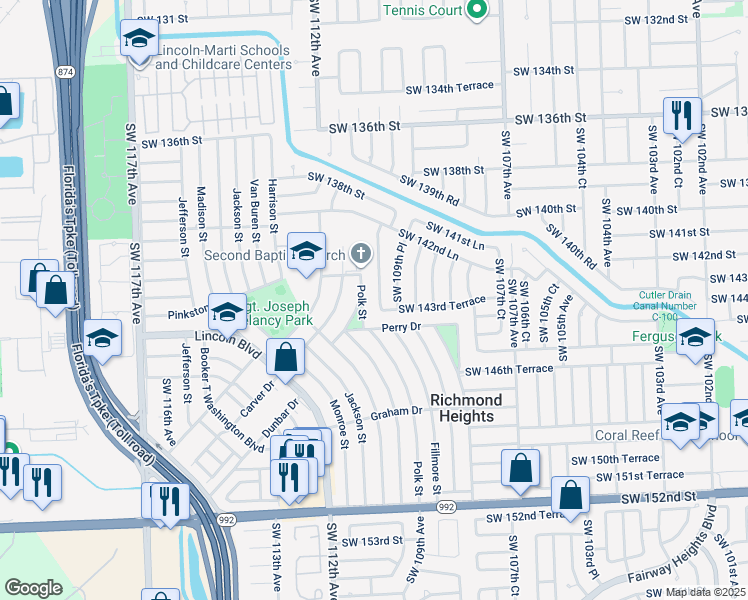 map of restaurants, bars, coffee shops, grocery stores, and more near 14312 Southwest 110th Avenue in Miami