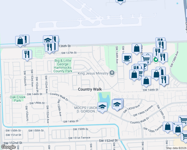 map of restaurants, bars, coffee shops, grocery stores, and more near 14161 Southwest 147th Court in Miami
