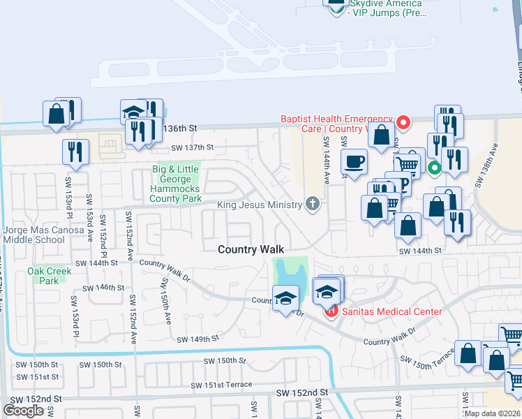map of restaurants, bars, coffee shops, grocery stores, and more near 14161 Southwest 147th Court in Miami