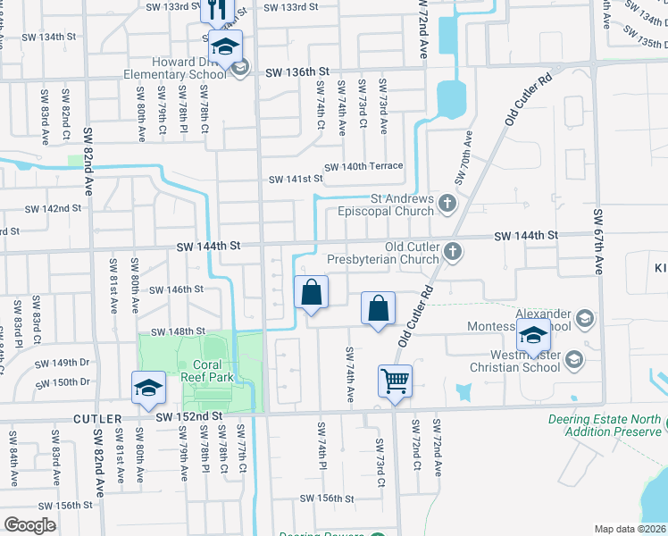map of restaurants, bars, coffee shops, grocery stores, and more near 7475 Southwest 144th Terrace in Palmetto Bay