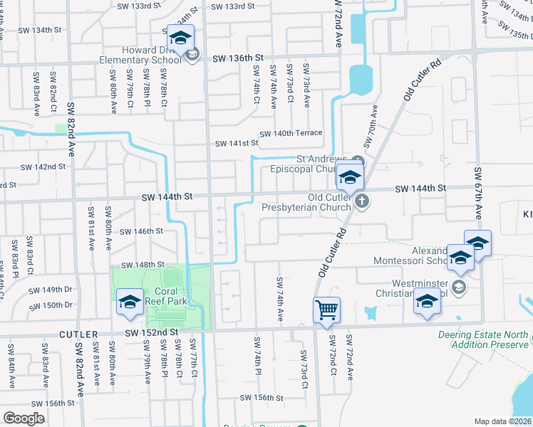 map of restaurants, bars, coffee shops, grocery stores, and more near 7475 Southwest 144th Terrace in Palmetto Bay