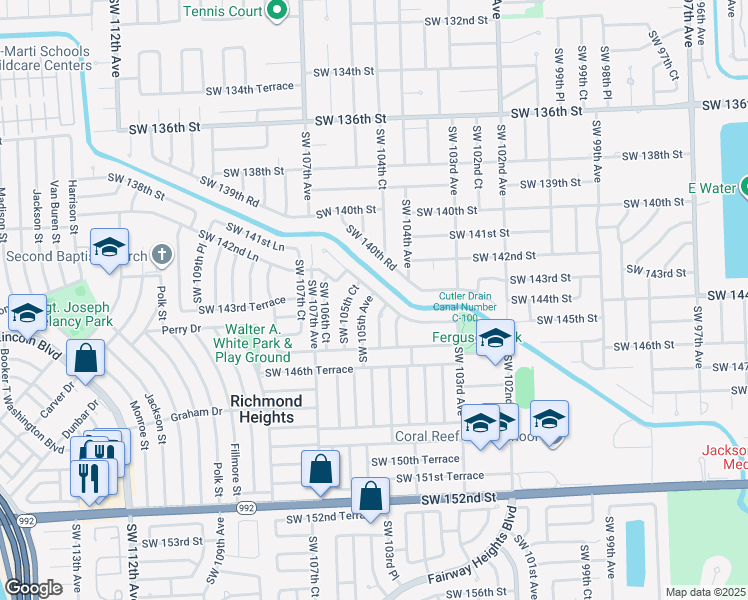 map of restaurants, bars, coffee shops, grocery stores, and more near 10501 Southwest 141st Drive in Miami
