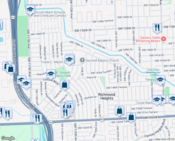 map of restaurants, bars, coffee shops, grocery stores, and more near 14245 Southwest 109th Place in Miami