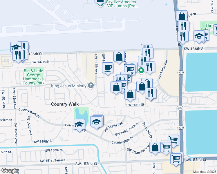 map of restaurants, bars, coffee shops, grocery stores, and more near 14055 Southwest 143rd Court in Miami