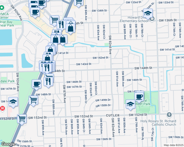 map of restaurants, bars, coffee shops, grocery stores, and more near 14420 Southwest 83rd Court in Palmetto Bay