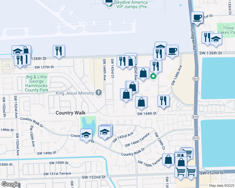 map of restaurants, bars, coffee shops, grocery stores, and more near 14055 Southwest 143rd Court in Miami