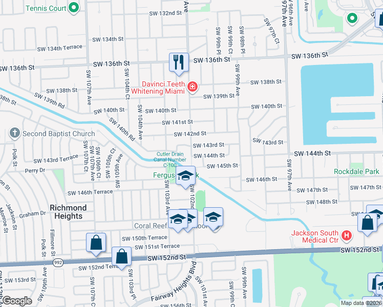 map of restaurants, bars, coffee shops, grocery stores, and more near 22535 Southwest 102nd Avenue in Miami