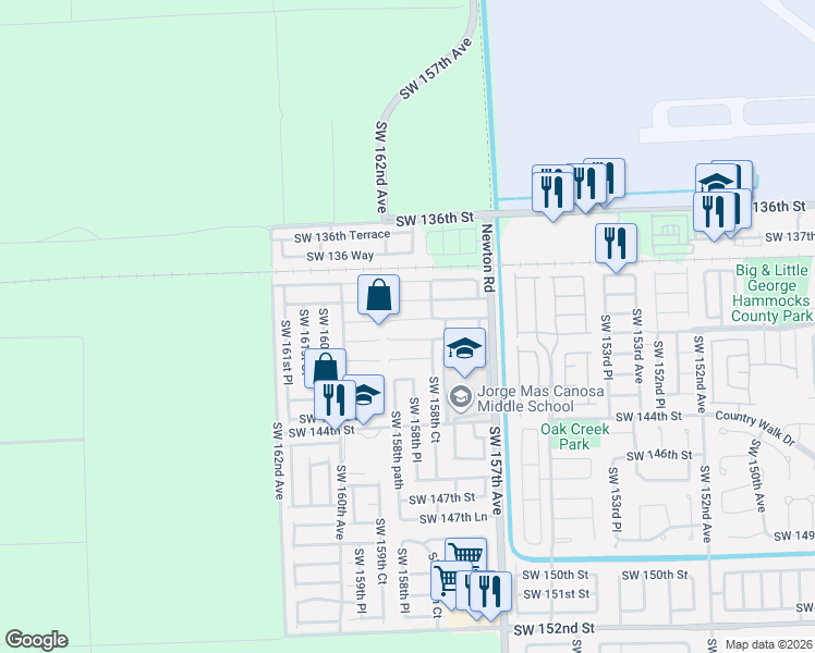 map of restaurants, bars, coffee shops, grocery stores, and more near 15877 Southwest 140th Street in Miami