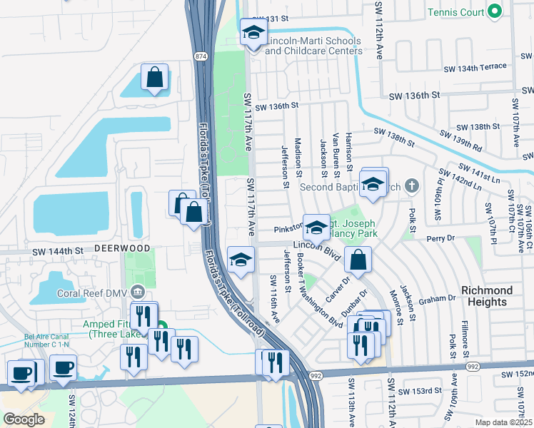 map of restaurants, bars, coffee shops, grocery stores, and more near 11610 Southwest 142nd Street in Miami