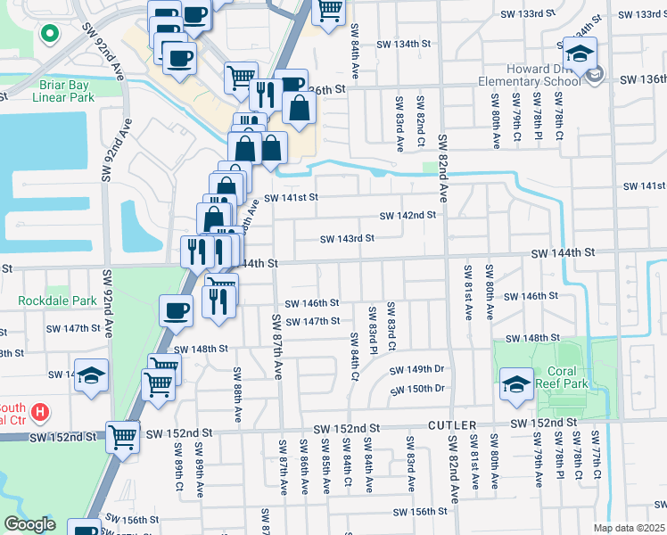 map of restaurants, bars, coffee shops, grocery stores, and more near 14400 Southwest 84th Court in Palmetto Bay