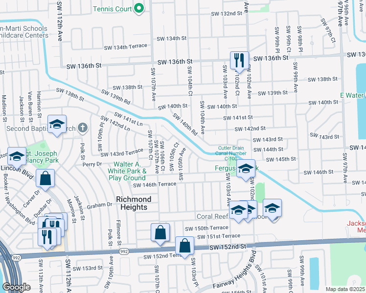 map of restaurants, bars, coffee shops, grocery stores, and more near 10501 Southwest 141st Drive in Miami