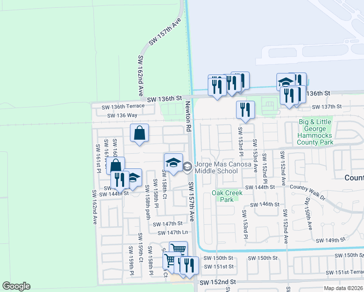 map of restaurants, bars, coffee shops, grocery stores, and more near 15721 Southwest 140th Street in Miami
