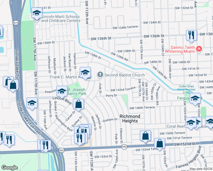 map of restaurants, bars, coffee shops, grocery stores, and more near 14255 Southwest 109th Place in Miami