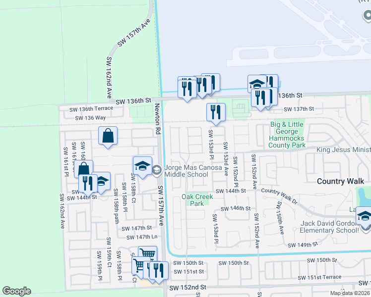 map of restaurants, bars, coffee shops, grocery stores, and more near 13990 Southwest 154th Place in Miami