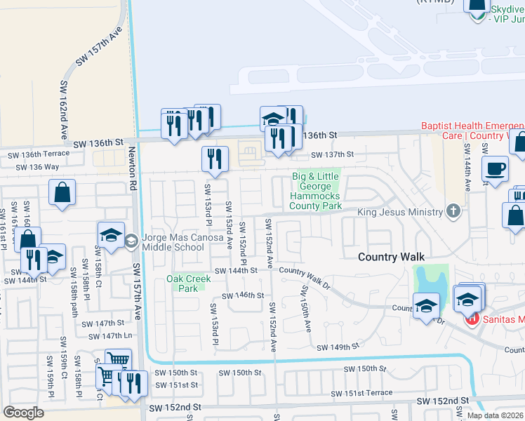 map of restaurants, bars, coffee shops, grocery stores, and more near 14036 Southwest 151st Court in Miami