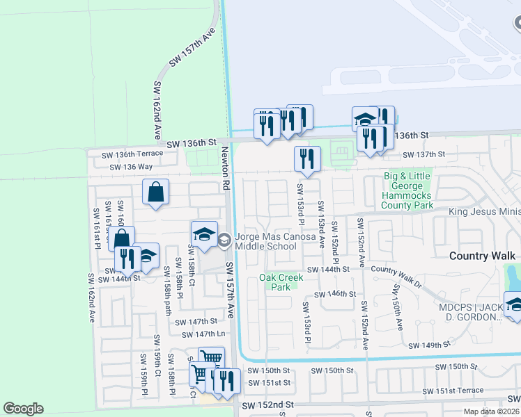 map of restaurants, bars, coffee shops, grocery stores, and more near 13990 Southwest 154th Place in Miami
