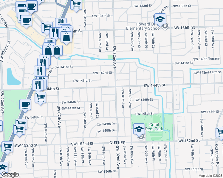 map of restaurants, bars, coffee shops, grocery stores, and more near 8230 Southwest 144th Street in Palmetto Bay