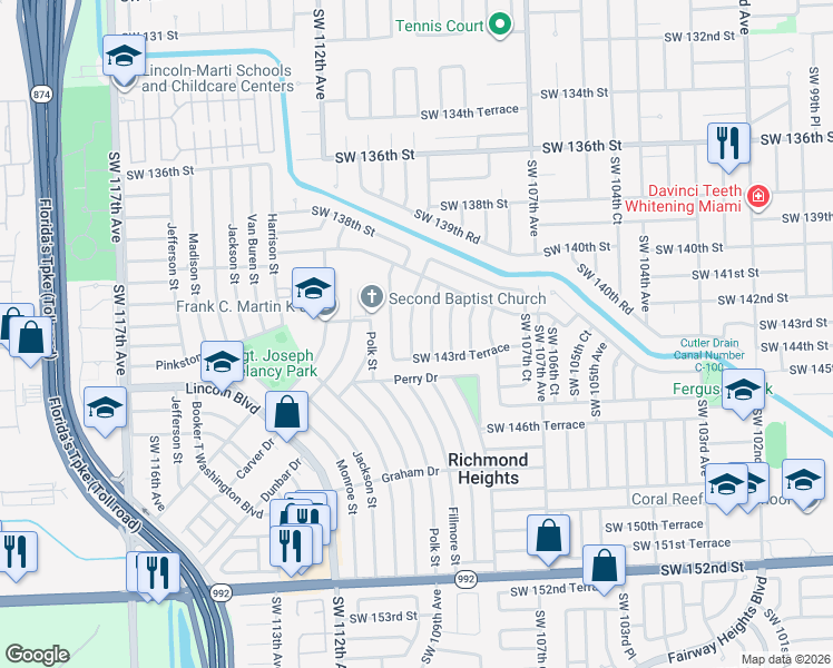 map of restaurants, bars, coffee shops, grocery stores, and more near 14255 Southwest 109th Place in Miami