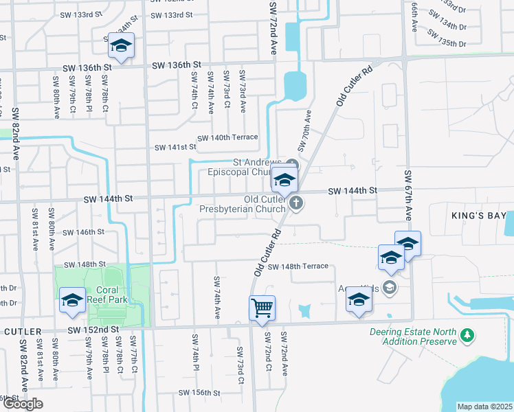 map of restaurants, bars, coffee shops, grocery stores, and more near 14420 Southwest 73rd Avenue in Palmetto Bay