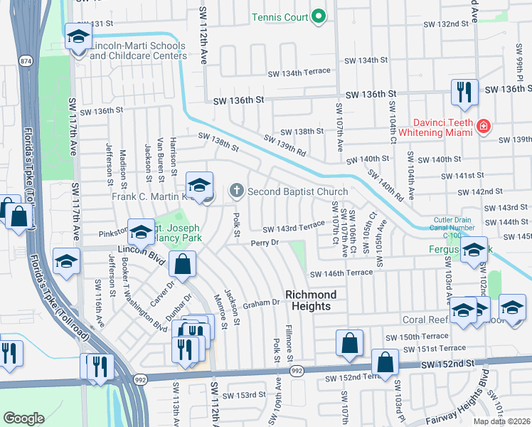 map of restaurants, bars, coffee shops, grocery stores, and more near 14245 Southwest 109th Place in Miami